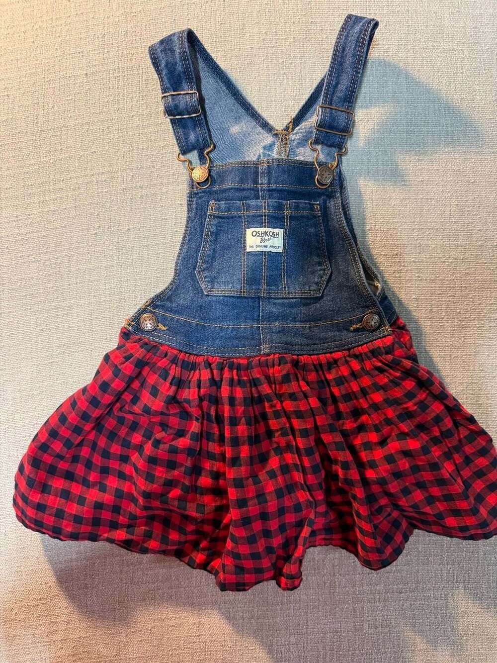 OshKosh B'gosh Denim and Red Black Plaid Overall Dress Jumper Size 4T